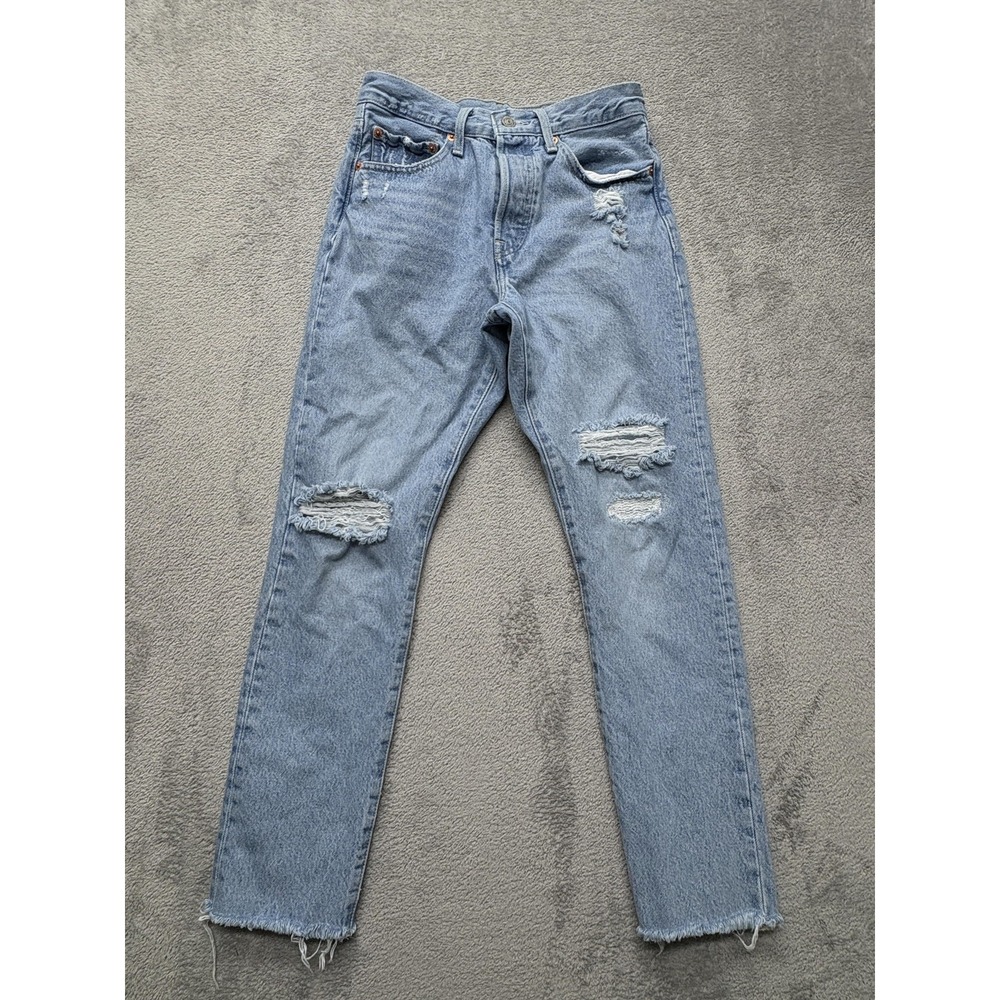 Levis Premium 29502 Jeans Womens 26 Blue Distressed Straight Leg Raw Hem Denim